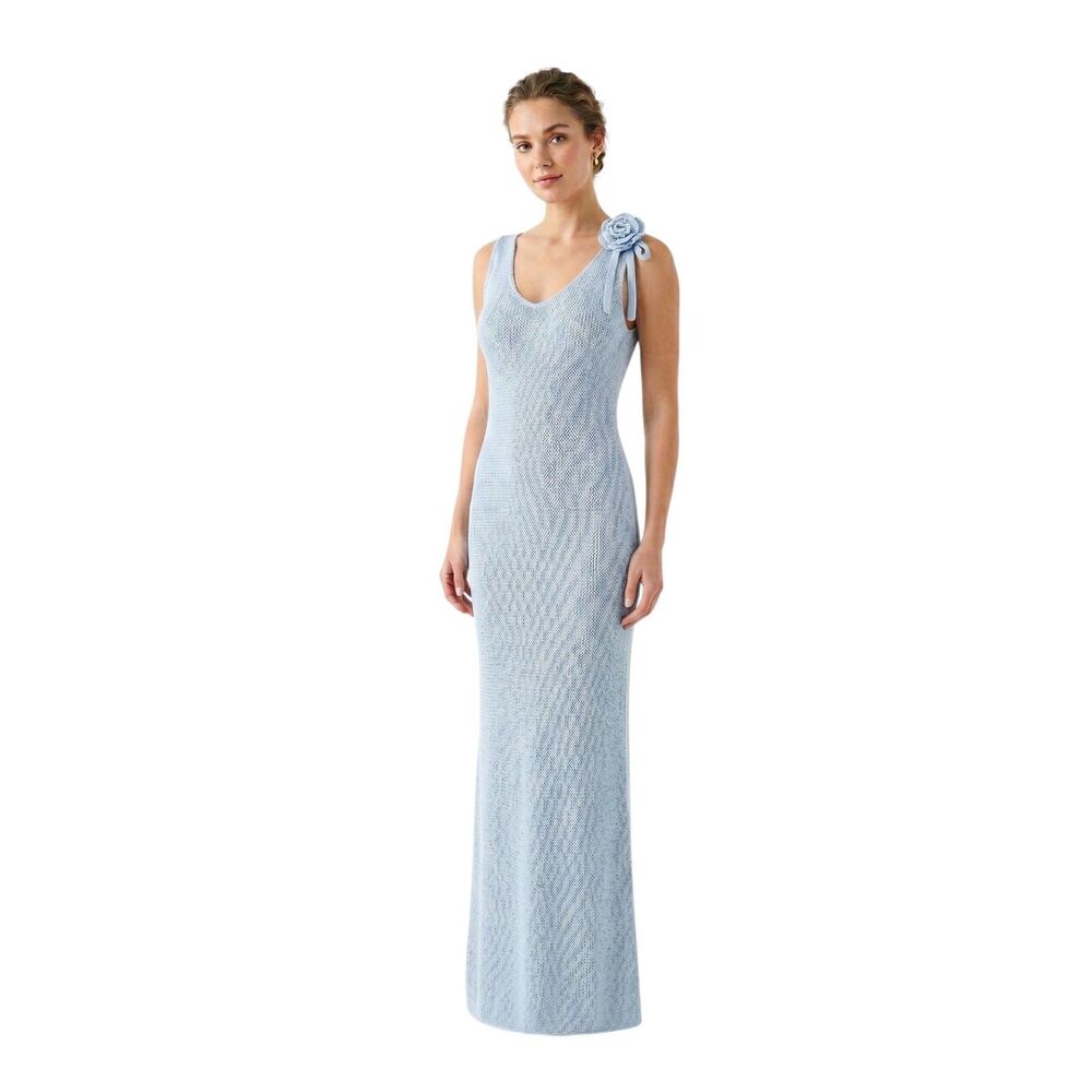 Naked Wardrobe Baby Blue Crochet Knit Sleeveless Maxi Dress NWT XS